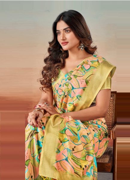 Yellow Dola Silk Digitally Printed Festive-Wear Saree With Tassels