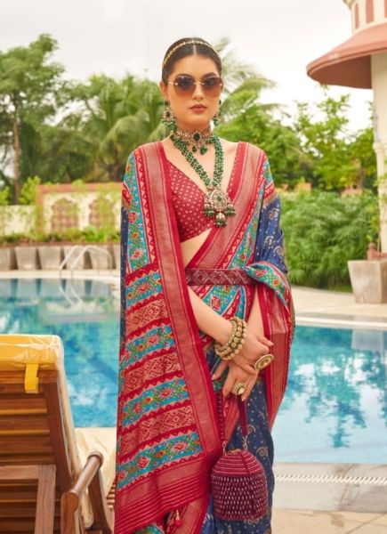 Blue & Red Patola Silk Printed Saree For Traditional / Religious Occasions