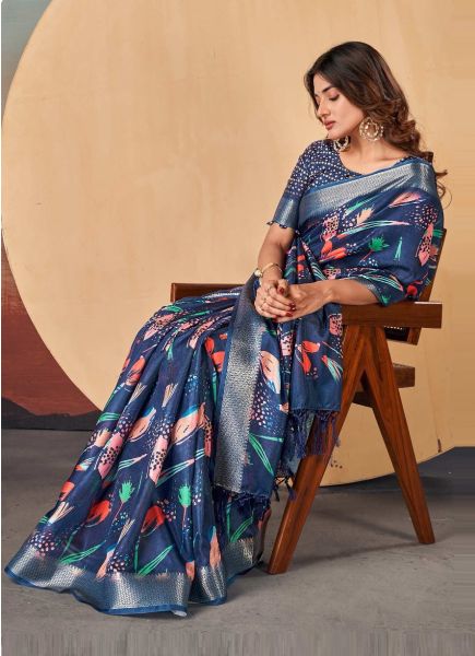 Blue Dola Silk Digitally Printed Festive-Wear Saree With Tassels