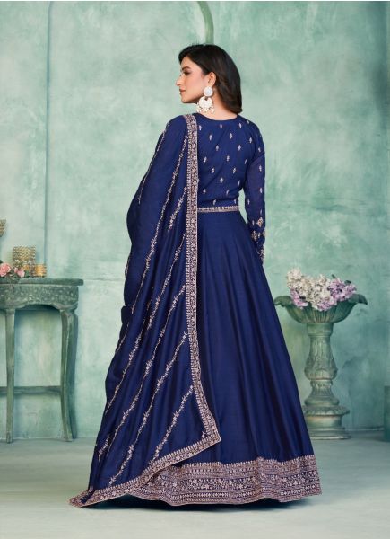 Blue Art Silk Embroidered Party-Wear Floor-Length Salwar Kameez