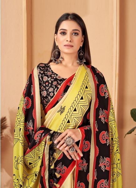 Yellow Pashmina Digitally Printed Festive-Wear Saree With Shawl
