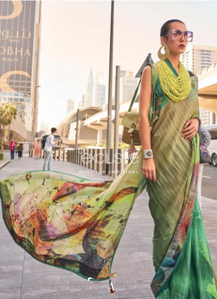 Light Olive Green Satin Digitally Printed Carnival Saree For Kitty Parties