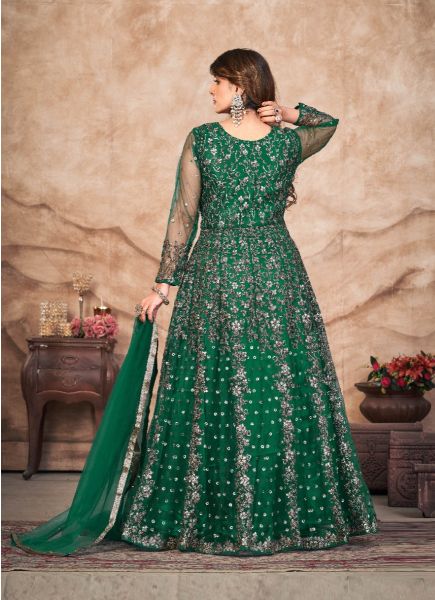 Green Net Embroidered Party-Wear Front-Slit Salwar Kameez