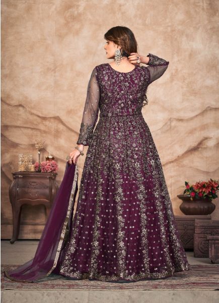Purple Net Embroidered Party-Wear Front-Slit Salwar Kameez