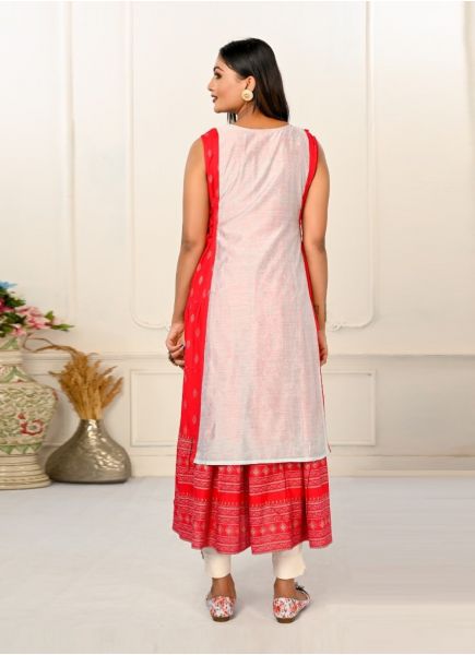 White & Red Cotton Printed Party-Wear Readymade Anarkali Kurti [With Chanderi Shrug]
