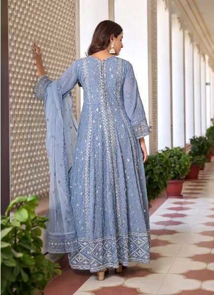 Light Steel Blue Georgette Embroidered Ramadan Special Front-Slit Salwar Kameez