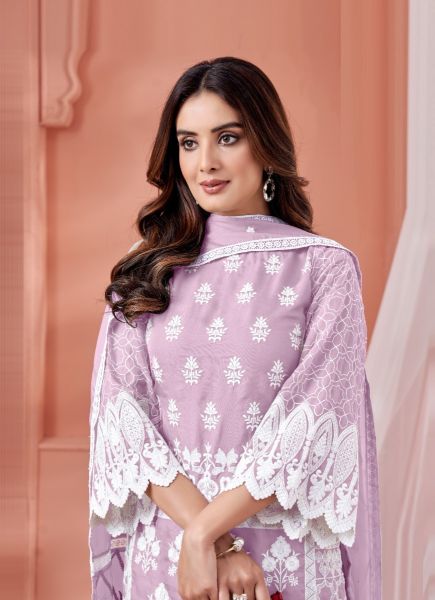 Lilac Organza Chikankari-Work Festive-Wear Straight-Cut Salwar Kameez