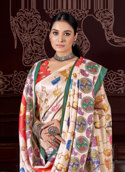 White Pashmina Digitally Printed Festive-Wear Saree With Shawl
