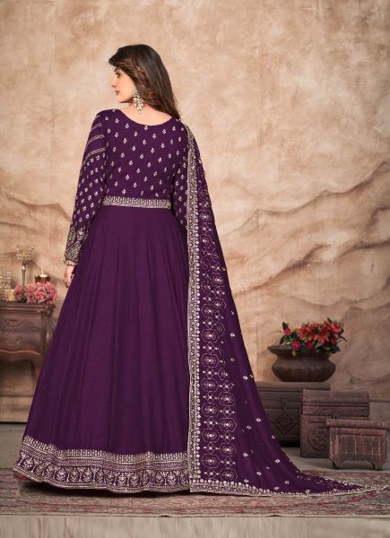 Dark Purple Art Silk Embroidered Party-Wear Floor-Length Salwar Kameez