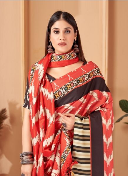 Red & Black Pashmina Digitally Printed Festive-Wear Saree With Shawl