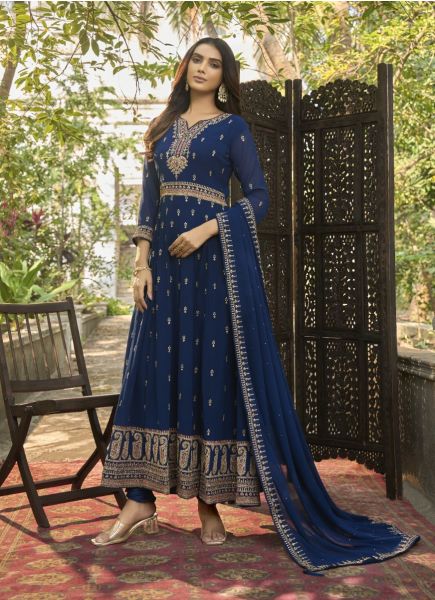Blue Faux Georgette Embroidered Party-Wear Floor-Length Salwar Kameez