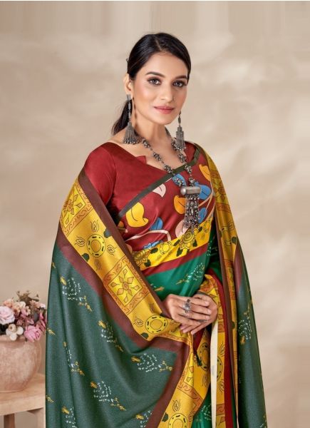 Teal Green & Yellow Pashmina Digitally Printed Festive-Wear Saree With Shawl