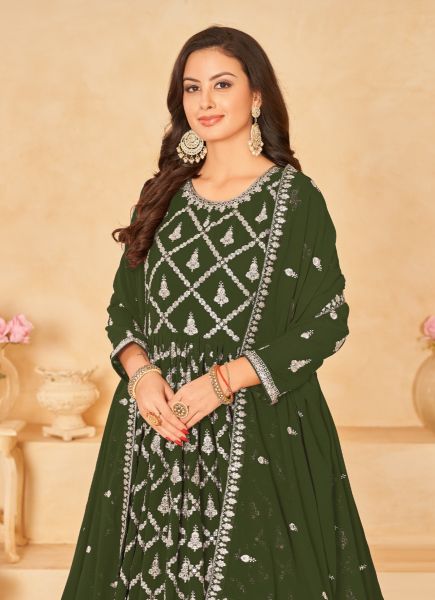 Olive Green Georgette Embroidered Floor-Length Salwar Kameez For Traditional / Religious Occasions