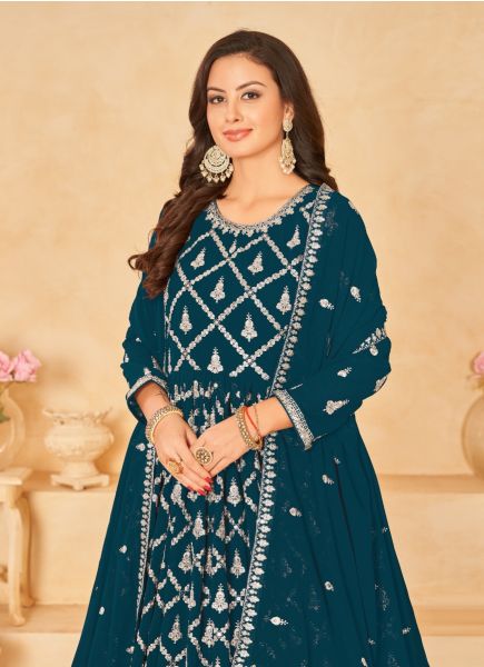 Sea Blue Georgette Embroidered Floor-Length Salwar Kameez For Traditional / Religious Occasions