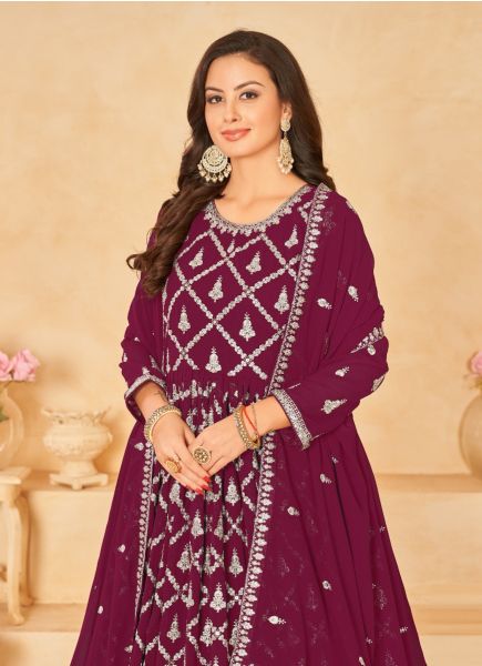 Wine Red Georgette Embroidered Floor-Length Salwar Kameez For Traditional / Religious Occasions