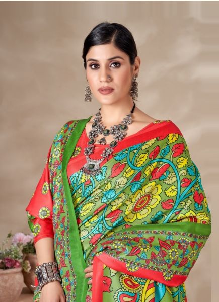 Parrot Green Pashmina Digitally Printed Festive-Wear Saree With Shawl