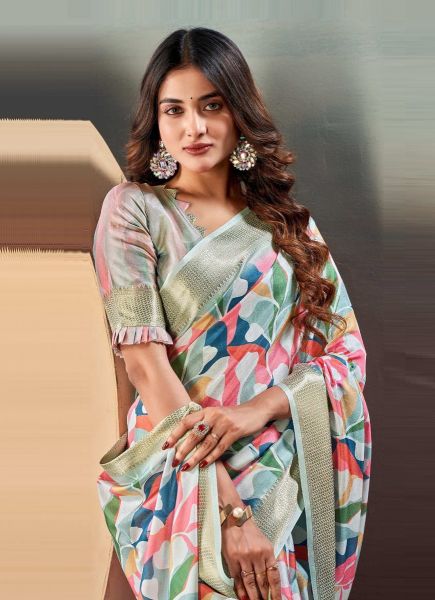 Multicolor Dola Silk Digitally Printed Festive-Wear Saree With Tassels