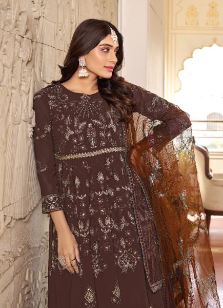 Dark Brown Faux Georgette Embroidered Ramadan Special Plus-Size Salwar Kameez