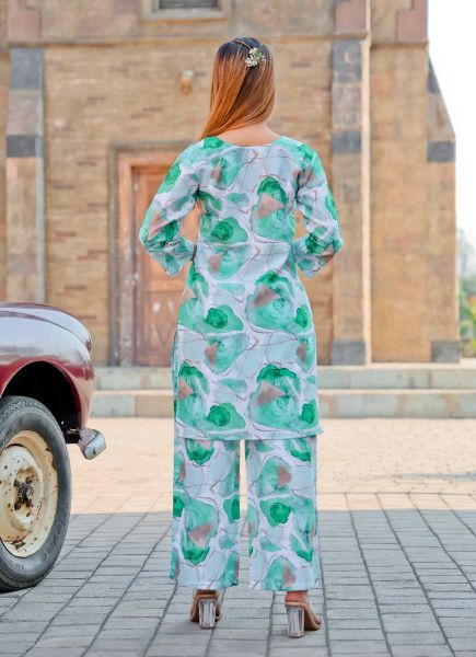 White & Green Cotton Digitally Printed Resort-Wear Co-Ord Set
