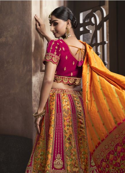 Orange & Magenta Banarasi Silk Handwork Wedding-Wear Bridal Lehenga Choli