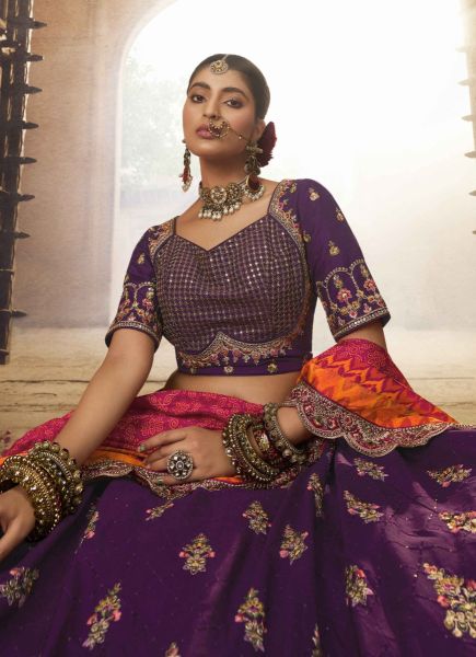 Dark Violet Viscose Embroidered Wedding-Wear Lehenga Choli