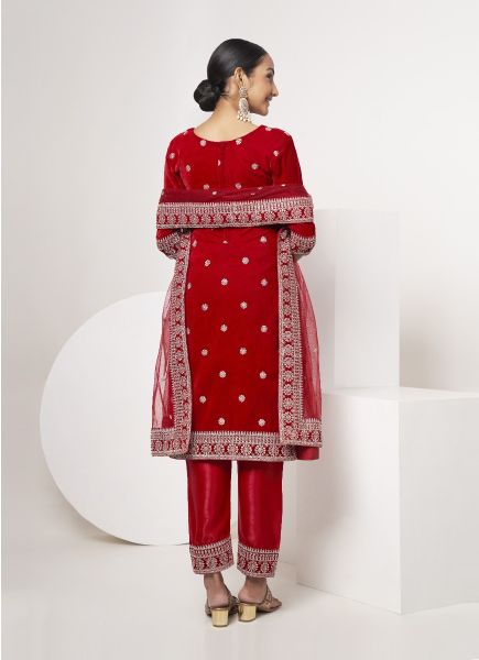 Red Velvet Embroidered Salwar Kameez For Traditional / Religious Occasions