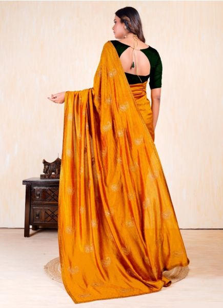Orange Vichitra Silk Blooming Embroidered Festive-Wear Saree