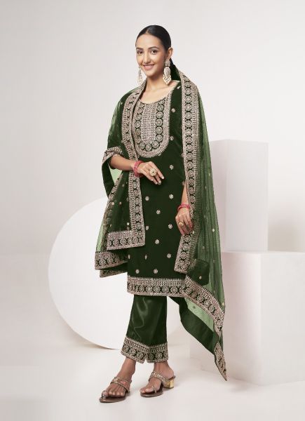 Dark Green Velvet Embroidered Salwar Kameez For Traditional / Religious Occasions