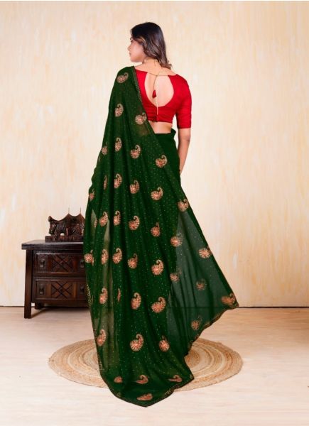 Dark Green Vichitra Silk Blooming Embroidered Festive-Wear Saree