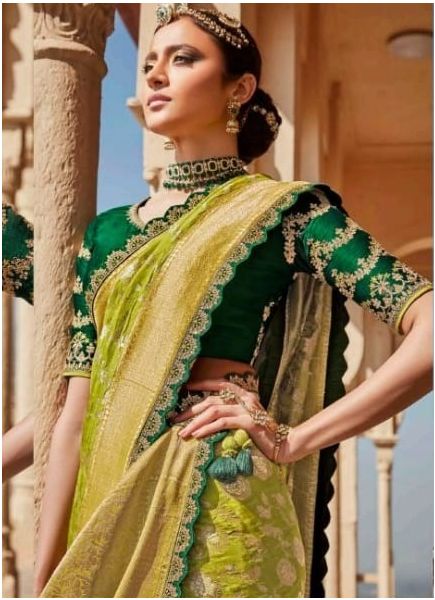 Light Olive Green Silk Embroidery Wedding-Wear Saree