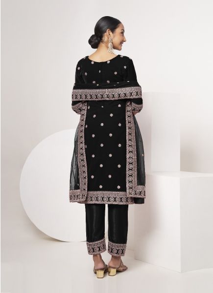 Black Velvet Embroidered Salwar Kameez For Traditional / Religious Occasions