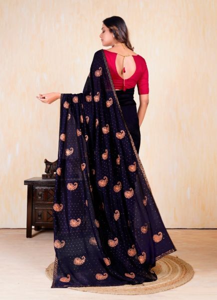 Navy Blue Vichitra Silk Blooming Embroidered Festive-Wear Saree