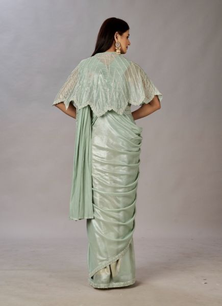 Light Sage Green Silk Georgette Handwork Wedding-Wear Ready-To-Wear Saree