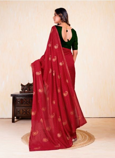 Crimson Red Vichitra Silk Blooming Embroidered Festive-Wear Saree
