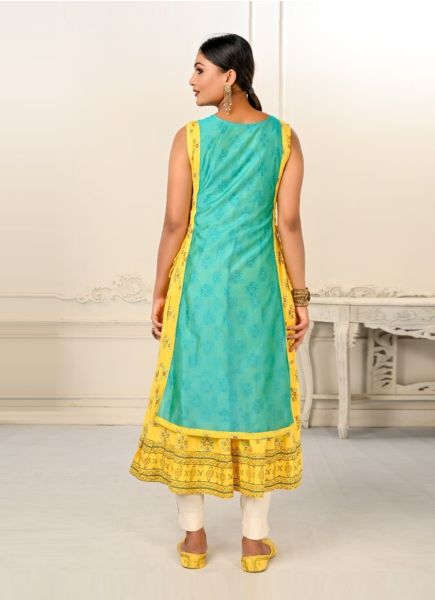 Aqua & Yellow Cotton Printed Party-Wear Readymade Anarkali Kurti [With Chanderi Shrug]