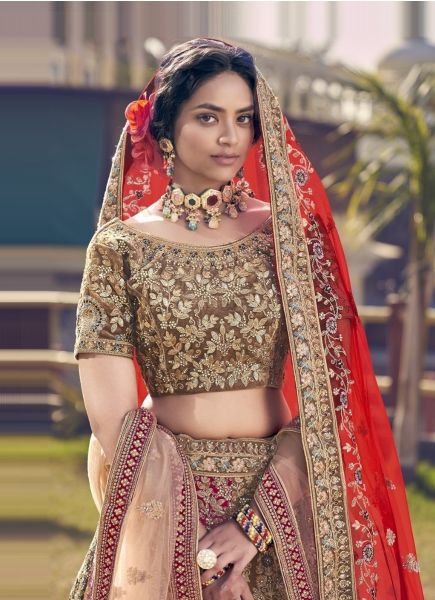 Multicolor Velvet Sequins, Embroidery & Handwork Wedding-Wear Bridal Lehenga Choli