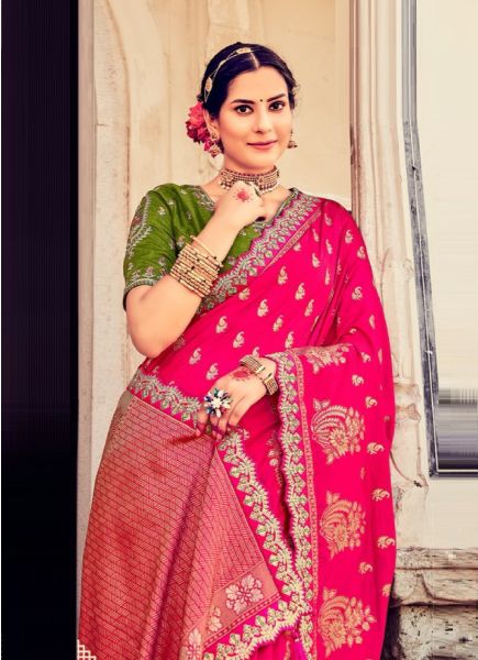 Magenta Dola Silk Embroidered Saree For Traditional / Religious Occasions