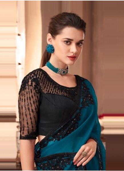 Teal Blue Silk Embroidered Party-Wear Boutique-Style Saree