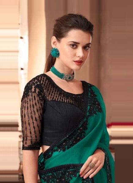 Teal Green Silk Embroidered Party-Wear Boutique-Style Saree