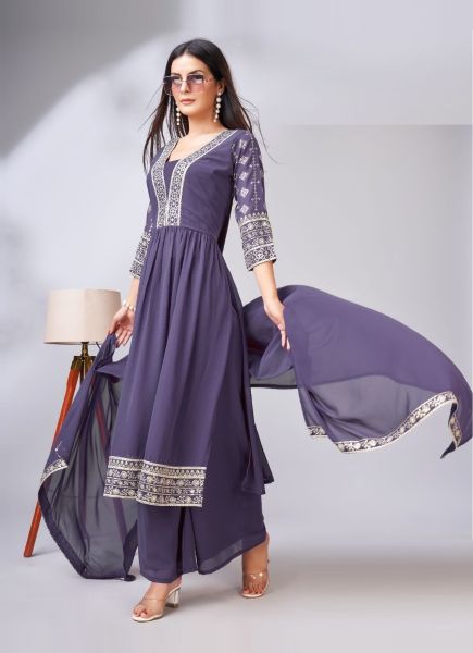 Indigo Blue Georgette Schiffli-Work Festive-Wear Readymade Salwar Kameez