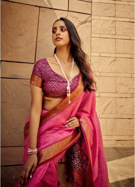 Dark Pink Handloom Silk Saree With Patola Bandhani Prints