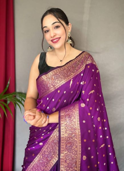 Purple Weaving Festive-Wear Jari Silk Saree
