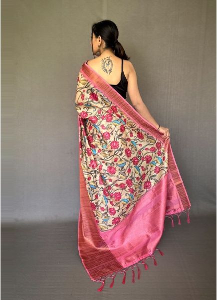 Cream Cotton Linen Saree With Kalamkari Prints