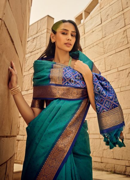 Teal Blue Handloom Silk Saree With Patola Bandhani Prints
