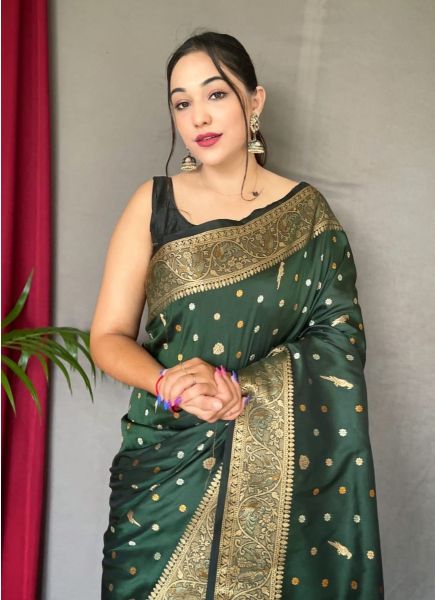 Dark Green Weaving Festive-Wear Jari Silk Saree