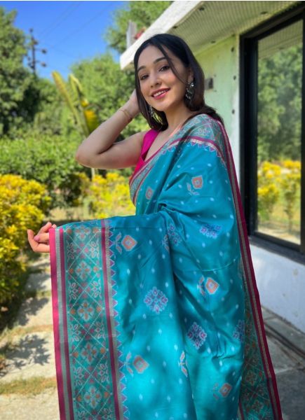 Sky Blue Patola Silk Saree With Meenakari Weaving