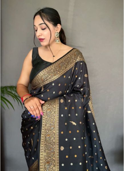 Black Weaving Festive-Wear Jari Silk Saree
