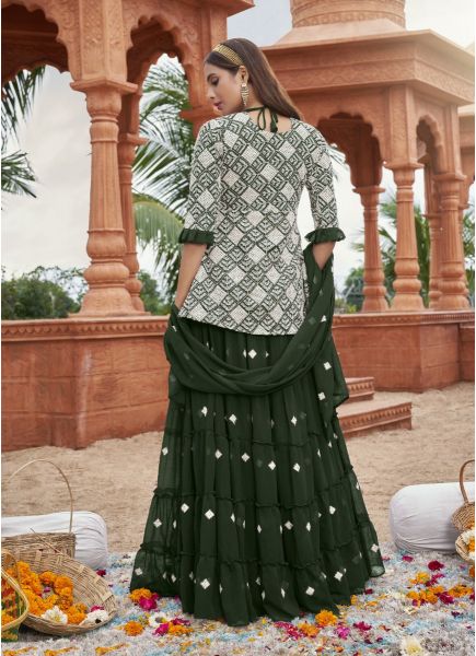 Forest Green & White Faux Georgette Embroidered Ramadan-Special Lehenga-Bottom Readymade Salwar Kameez