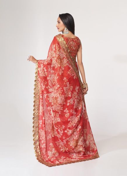Coral Red Organza Digitally Printed Party-Wear Saree With Sequins-Work