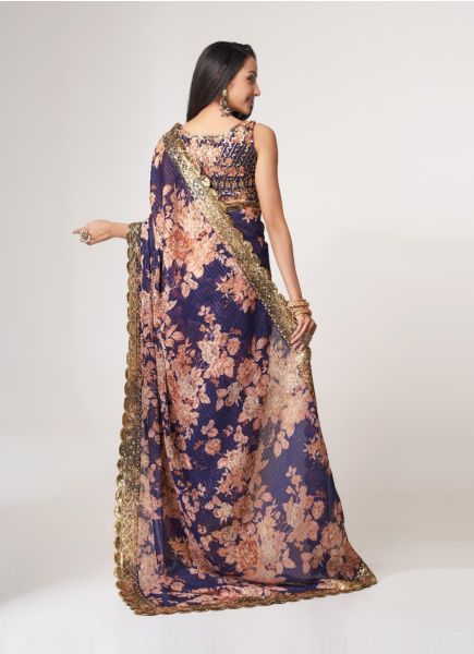 Violet Organza Digitally Printed Party-Wear Saree With Sequins-Work